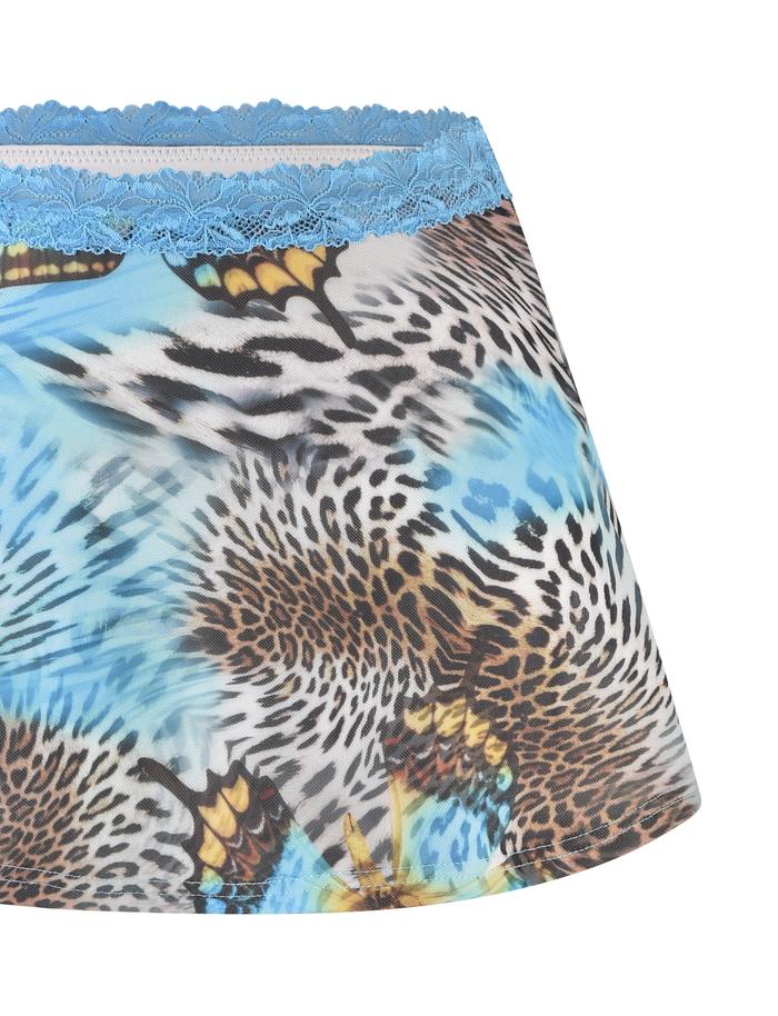 A close-up of the TIGERMIST FINLEA MINI SKIRT - MULTI, featuring an A-line cut, blue lace waistband, and a vibrant butterfly animal print in blue, brown, black, and white.