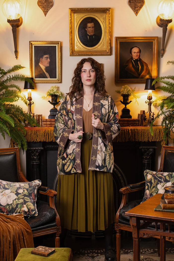 Model wearing a soft cotton velvet duster ft. vintage lithographs of magnolias & 1800's etchings of moths and pears - Market of Stars