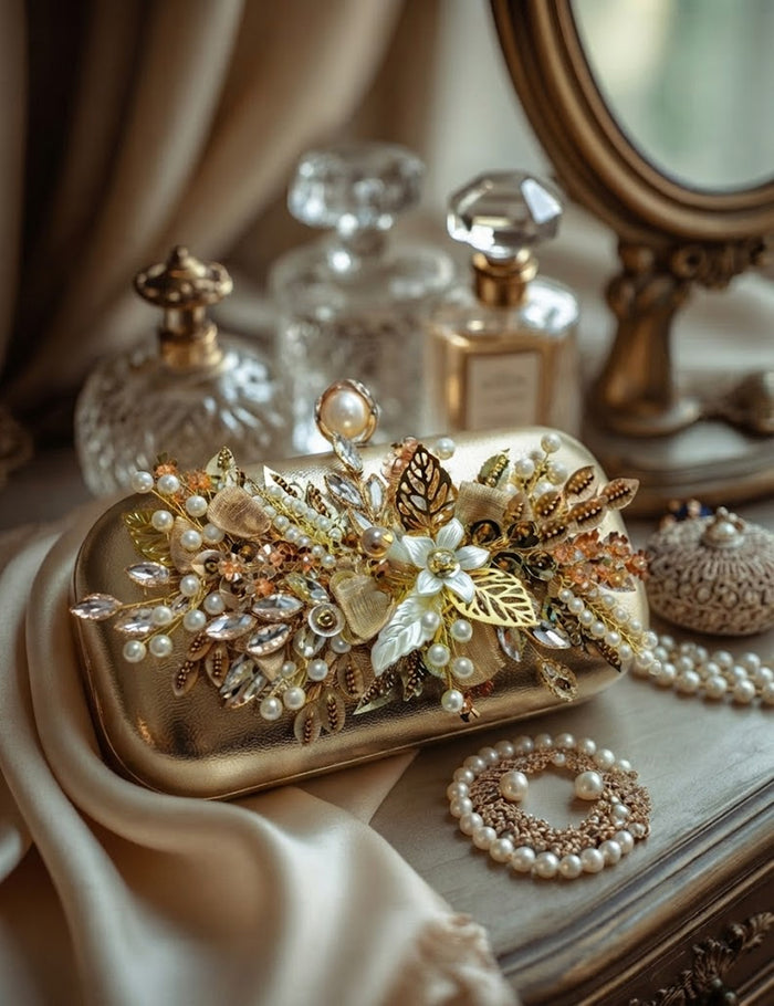 "Gold Leaf Floral Clutch – Pearl Clasp Evening Bag with Botanical Spray"