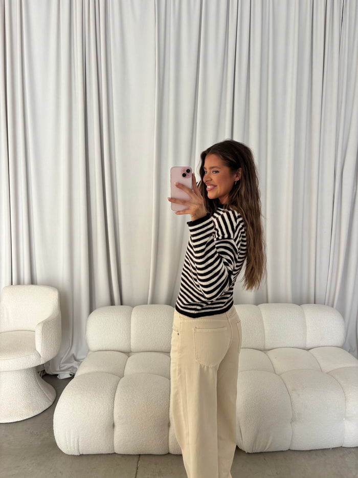Hattie Striped Henley Pullover Sweater in Dark Wine