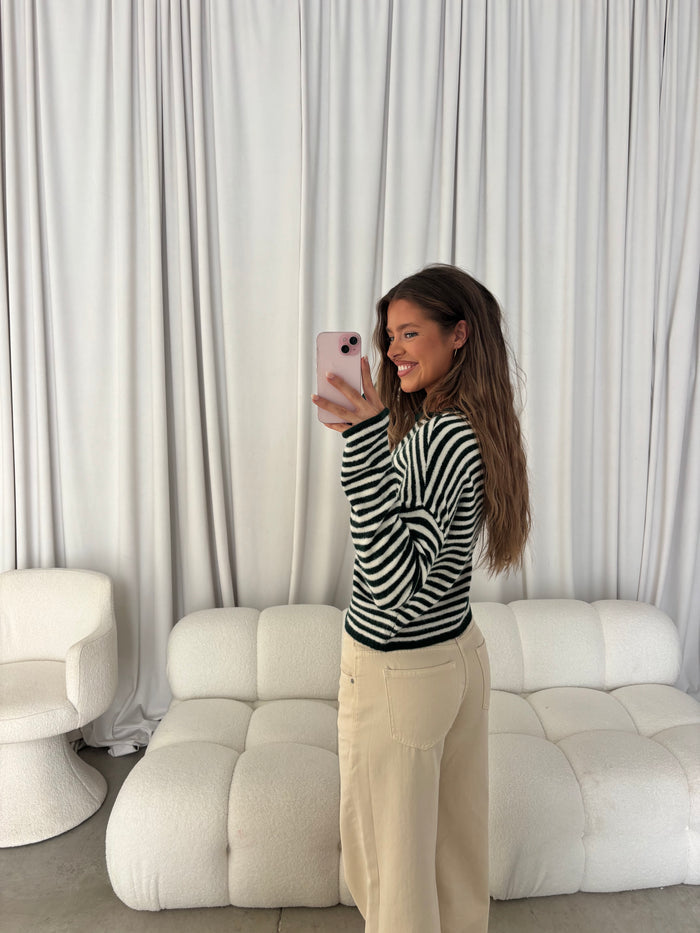 Hattie Striped Henley Pullover Sweater in Forest Green