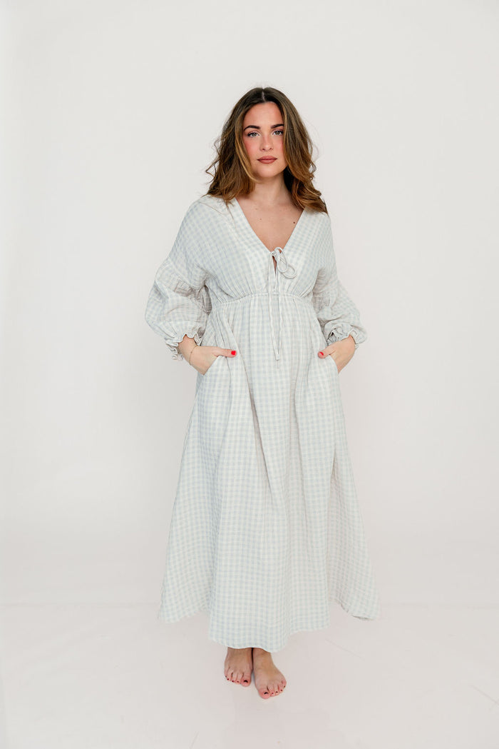 Hunter 100% Cotton Midi Dress in Baby Blue Plaid (Lined) - Bump Friendly