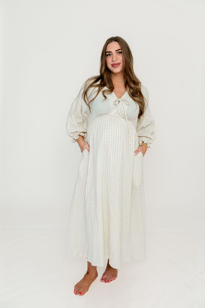 Hunter 100% Cotton Midi Dress in Pale Pink Plaid (Lined) - Bump Friendly
