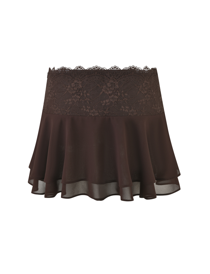 The TIGERMIST INDIGO MINI SKIRT - BROWN : CHOCOLATE is a chocolate chiffon mini skirt with a sheer, wavy hem and a floral lace waistband, shown on a white background.