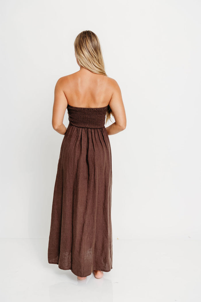 Irise 100% Linen Strapless Maxi Dress in Brown