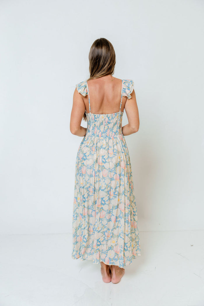 Jackie Shirred Floral Ruffle Strap Maxi Dress in Blue Floral