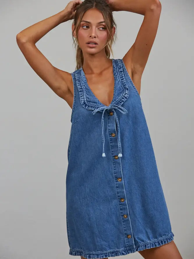 Jenna 100% Cotton Ruffle Denim Mini Dress in Blue