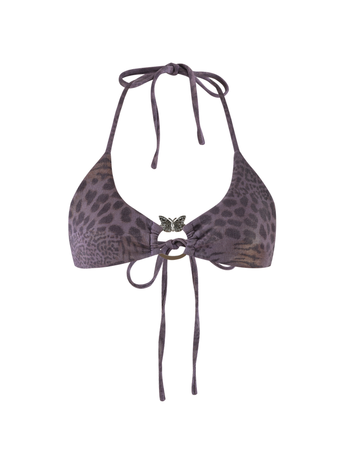The TIGERMIST JESSALYN BIKINI TOP - PURPLE TIGER is a purple and black animal print triangle top with halter neck, front tie straps, and a silver butterfly pendant at the center.