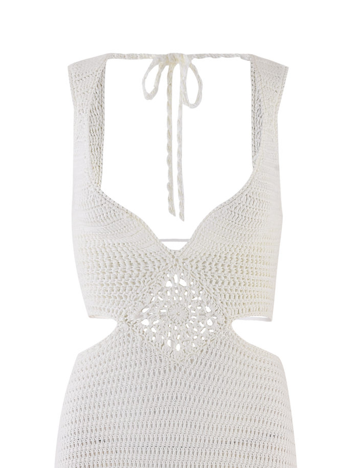 The TIGERMIST JONAH MAXI DRESS in cream features a deep V neckline, open back with tie closure, and detailed diamond crochet patterns at the bodice and waist.