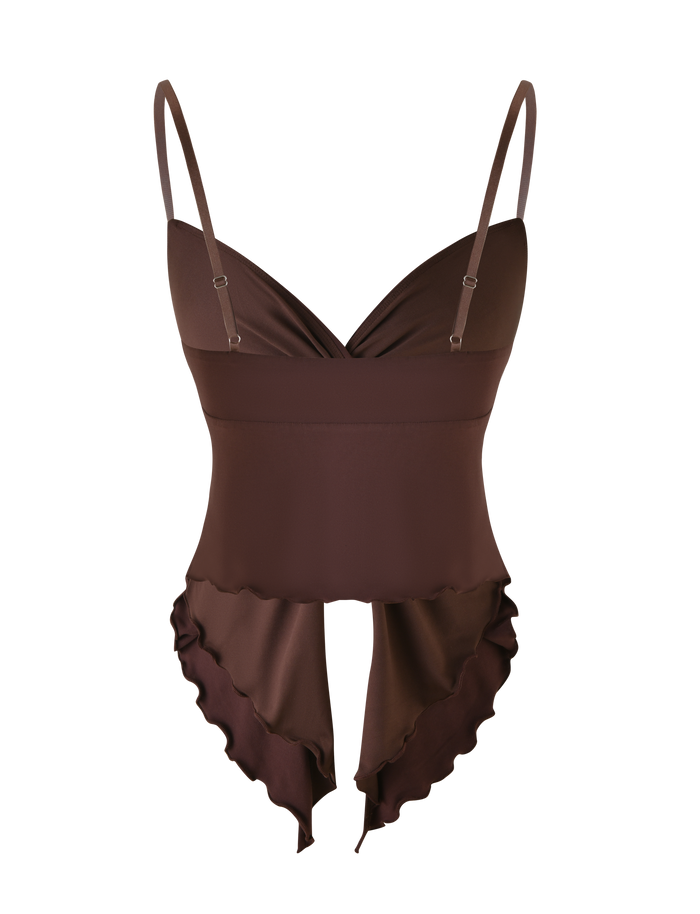 The JOVIENNE TOP - BROWN : CHOCOLATE by TIGERMIST is a chocolate brown jersey bodysuit featuring adjustable straps, a fitted waist, twist front detail, and ruffled high-cut leg openings.