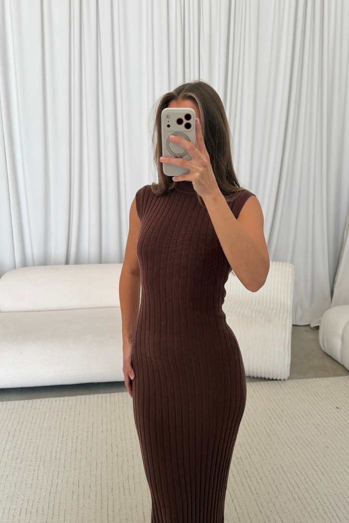 Julia Rib-Knit Maxi Dress in Chocolate