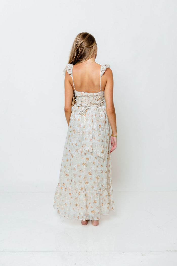 Kari Embroidered Floral Corset Dress in Ivory/Beige/Gold