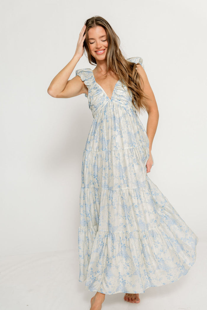 Katy Pleated Bodice Maxi Dress in Blue Floral - Bump Friendly