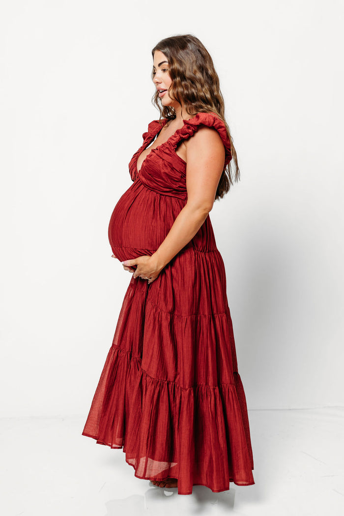 Katy Pleated Bodice Maxi Dress in Wine Red - Bump Friendly
