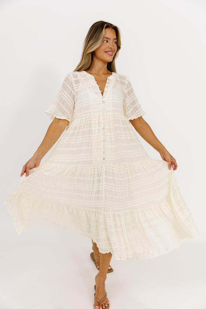 Kristin Tiered Woven Maxi Dress with Detachable Liner in Ivory - Bump Friendly