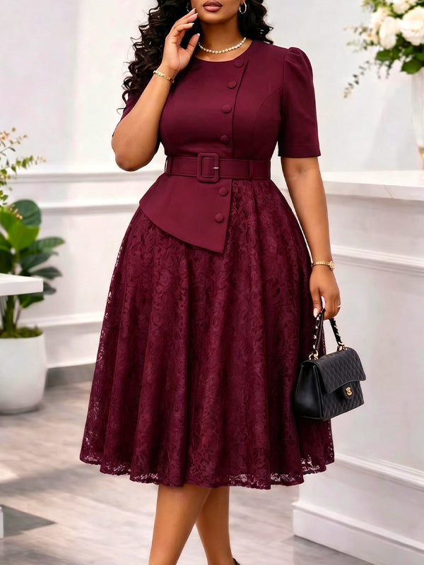 Lace Combo Belted Dress