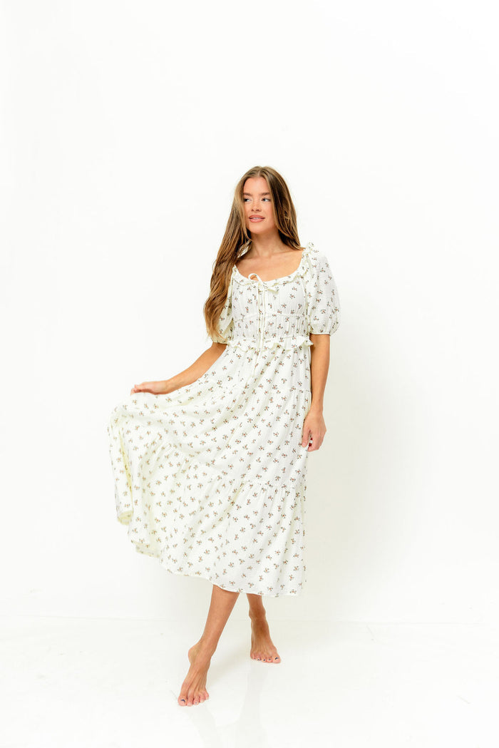 Landon 100% Cotton Ruched Puff Sleeve Ruffle Tiered Floral Midi Dress in Beige - Bump Friendly