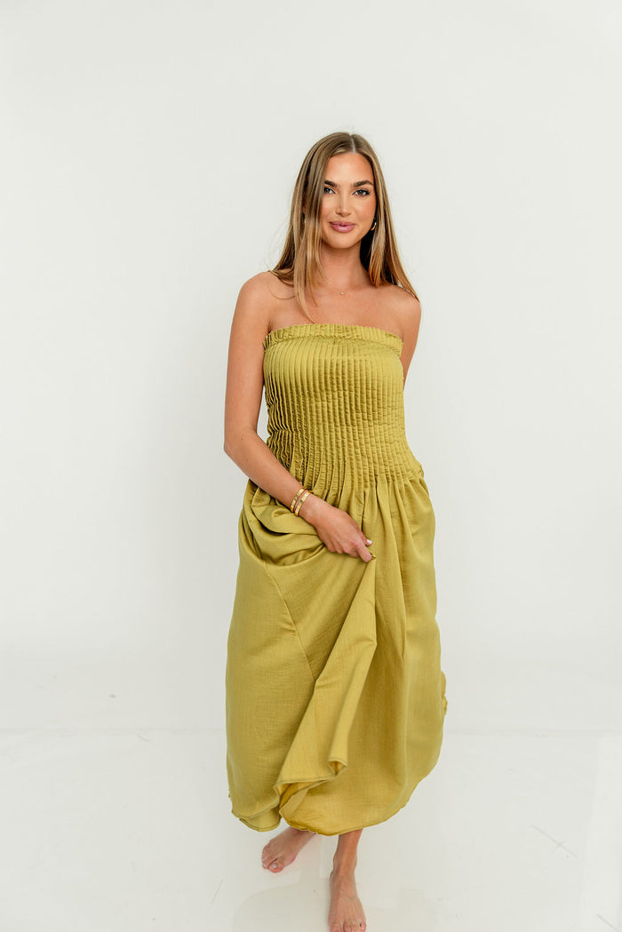 Lavina Strapless Pleated Tube Midi Dress in Dark Kiwi *Final Sale*
