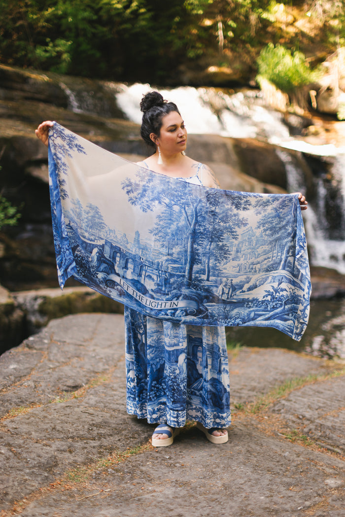 Let the Light In airy bamboo viscose scarf featuring print of Delft blue and white pottery, and positive message of light and hope - Market of Stars
