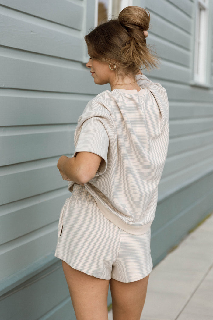 Lynn Premium Fleece Short Sleeve Top in Cream/Grey Striped