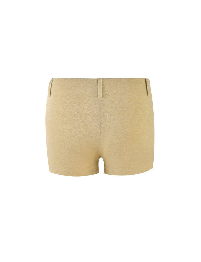 A pair of the LYNSEY SHORT - GOLD by TIGERMIST is shown from the back. The shorts feature belt loops and a zipper closure, crafted from a lightweight material for effortless style.