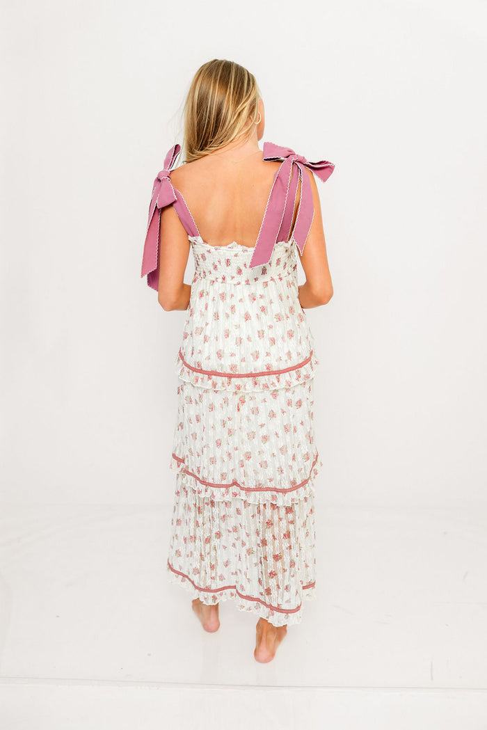 Magnolia Tie Strap Floral Midi Dress in Cream/Mauve *Final Sale*