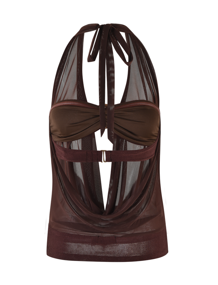 The MAKENA TWO-PIECE TOP - BROWN : CHOCOLATE by TIGERMIST is a sleeveless, sheer mesh top with a draped front, bandeau-style bust, tie neck, and layered cut-out design.