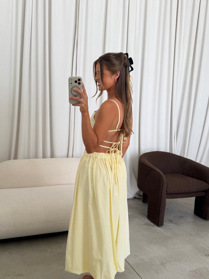 Mandy Back Tie Top and Bubble Hem Midi Skirt Set in White/Yellow Stripe
