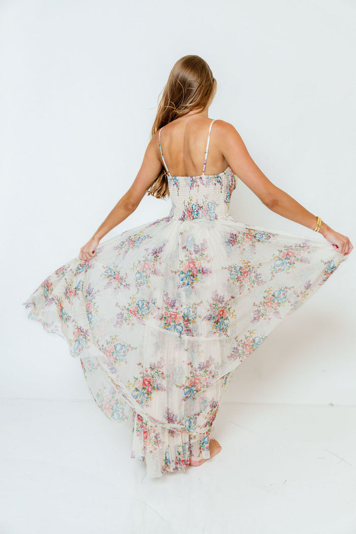 Melissa Pleated Floral Tulle Maxi Dress in Ivory Multi
