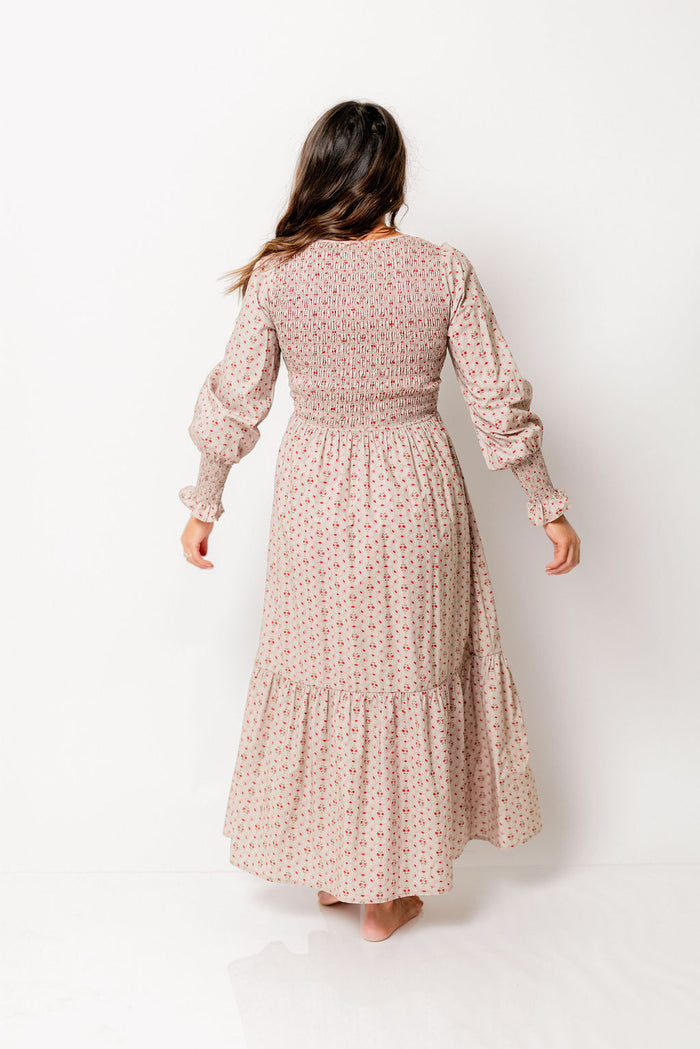 Mercy Cotton Smocked Floral Button Down Maxi Dress in Sepia