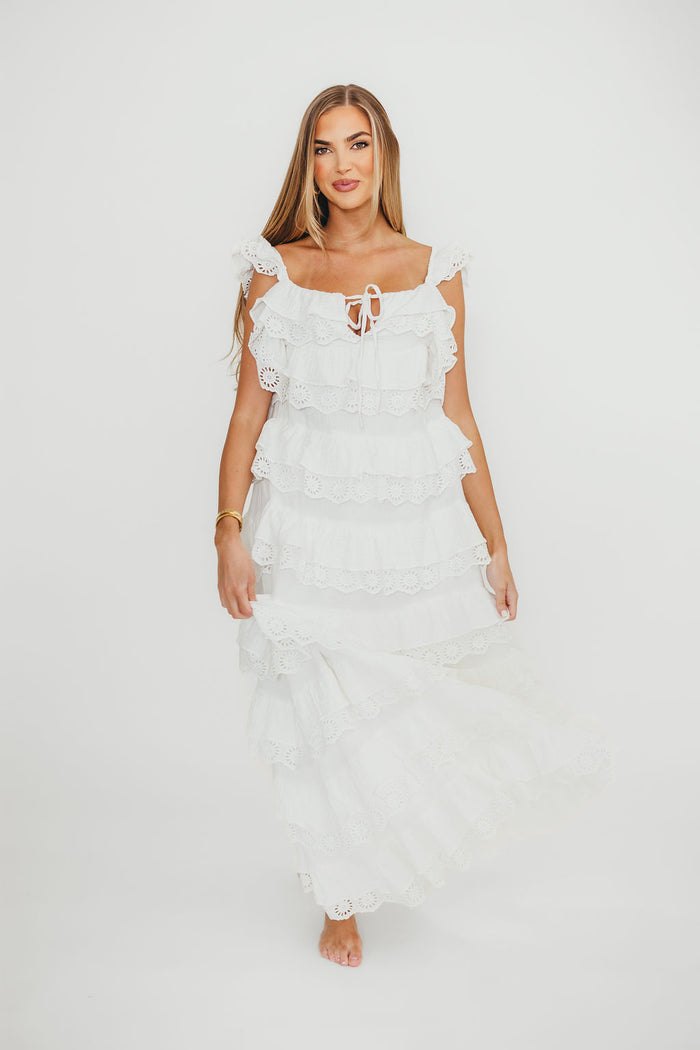 Mikayla 100% Cotton Lace and Gauze Contrast Tiered Maxi Dress in Off White