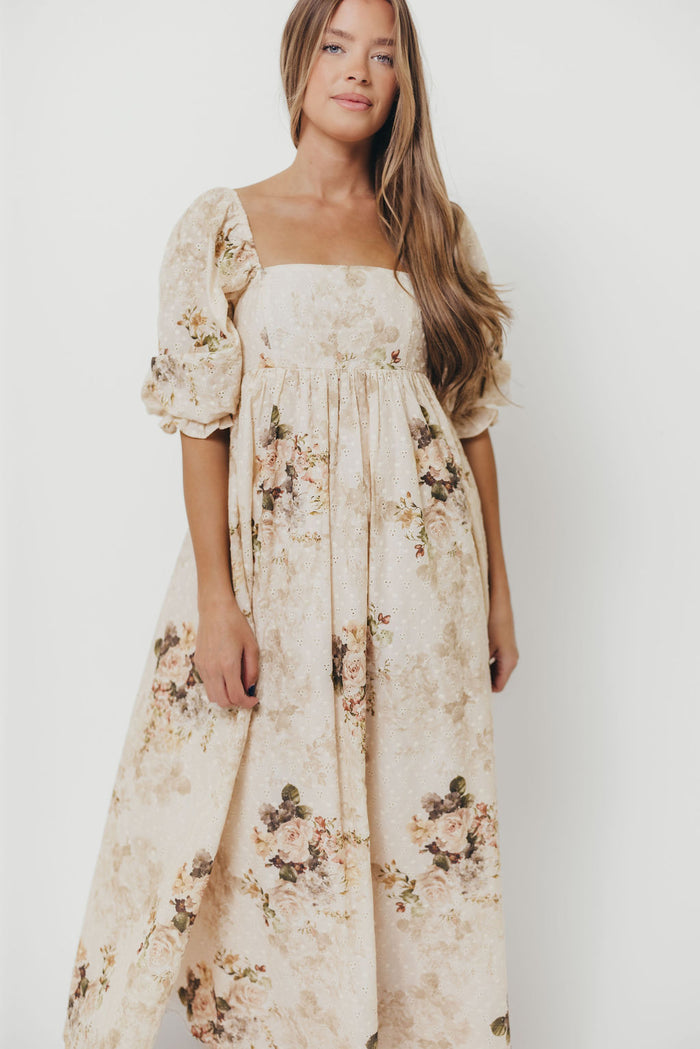 Mona Maxi Dress with Smocking in Cream/Beige Floral - Bump Friendly