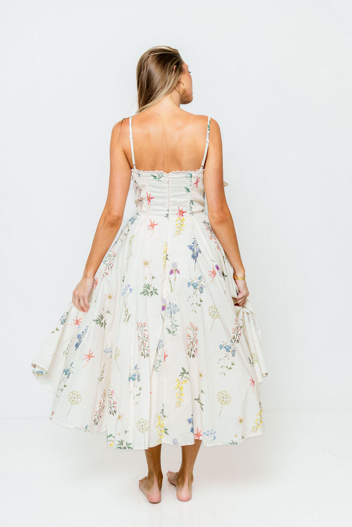 Nadine Floral Strappy Bustier Midi Dress in Cream