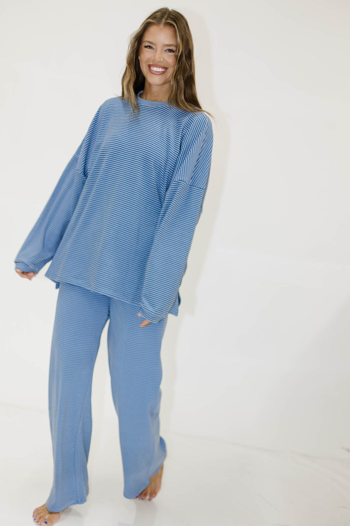 Naomi Mini Stripe Oversized Long Sleeve Top in Azure