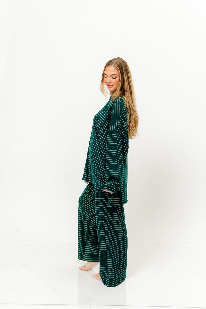Naomi Striped Fleece Oversized Long Sleeve Top in Green - Bump Friendly