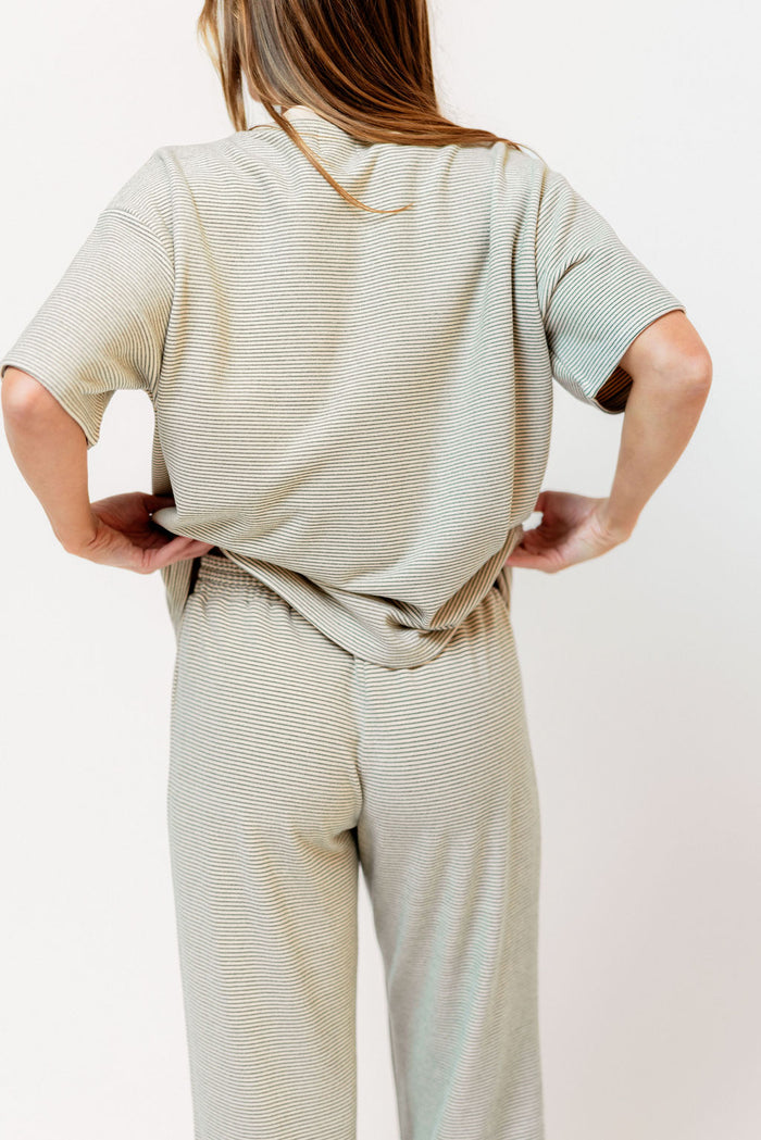 Naomi Striped Fleece Short Sleeve Top in Cream/Green - Bump Friendly *Final Sale*