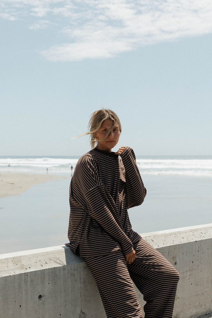 Naomi Striped Oversized Fleece Long Sleeve Top in Brown/Ivory