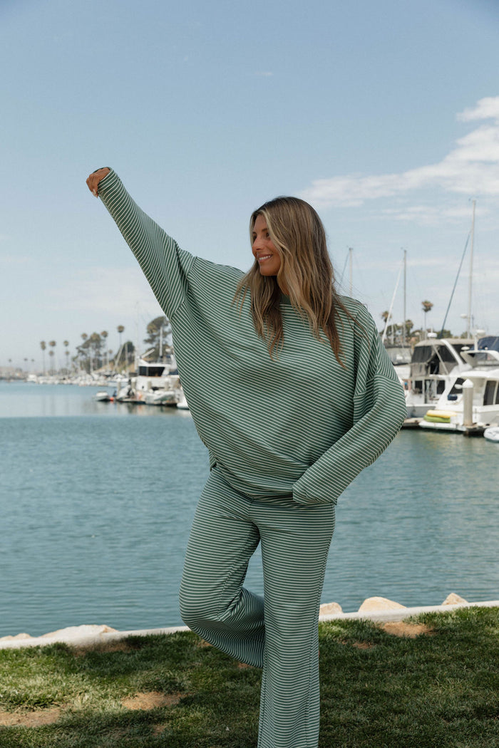 Naomi Striped Oversized Fleece Long Sleeve Top in Sage/Ivory