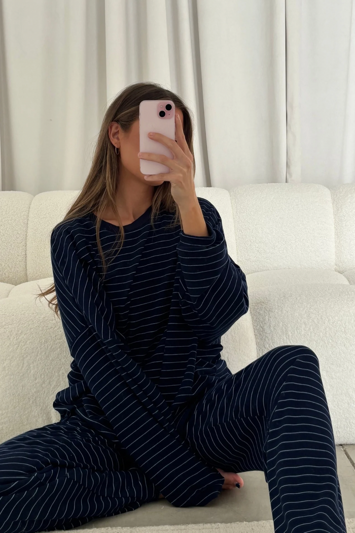 Naomi Thin Striped Fleece Oversized Long Sleeve Top in Navy - Bump Friendly