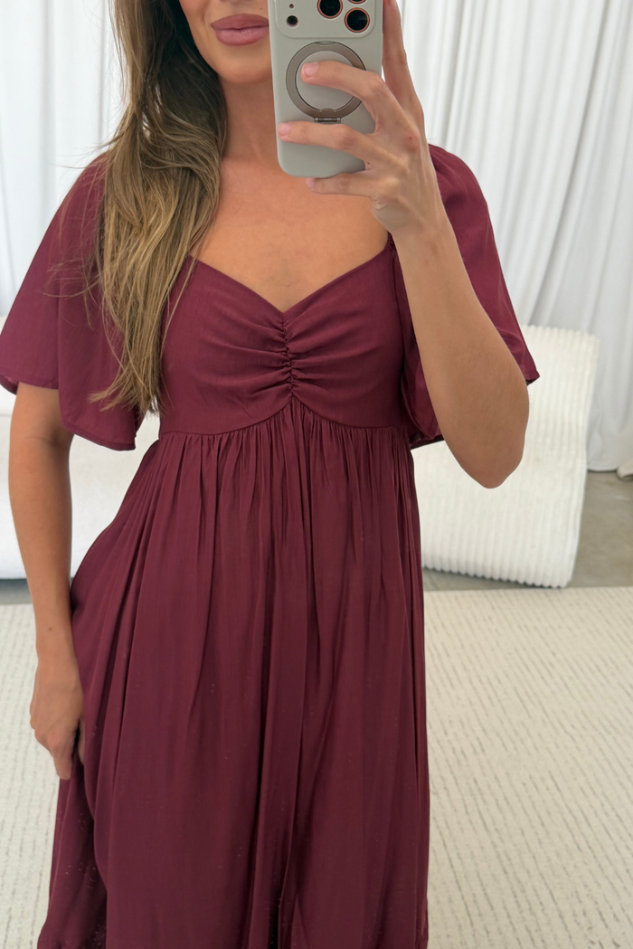 Nia Midi Dress in Burgundy - Bump Friendly
