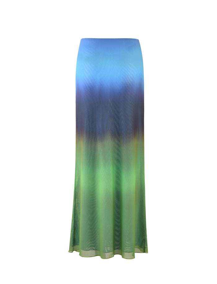 The NOELY SKIRT - MULTI : OMBRE : GRADIENT STRIPE by TIGERMIST is a long, high-waisted skirt that showcases a beautiful gradient color scheme transitioning from blue at the top to green at the bottom. It features a smooth, flowing texture and a slightly sheer finish.