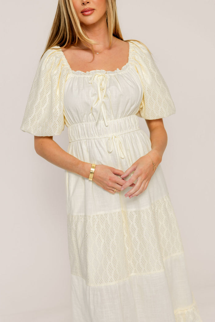 Noor Lace Tiered Midi Dress in Cream