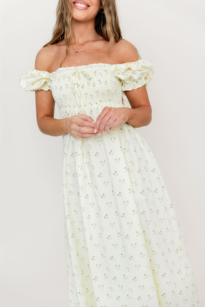 Nya 100% Cotton Midi Dress in Cream/Green Floral