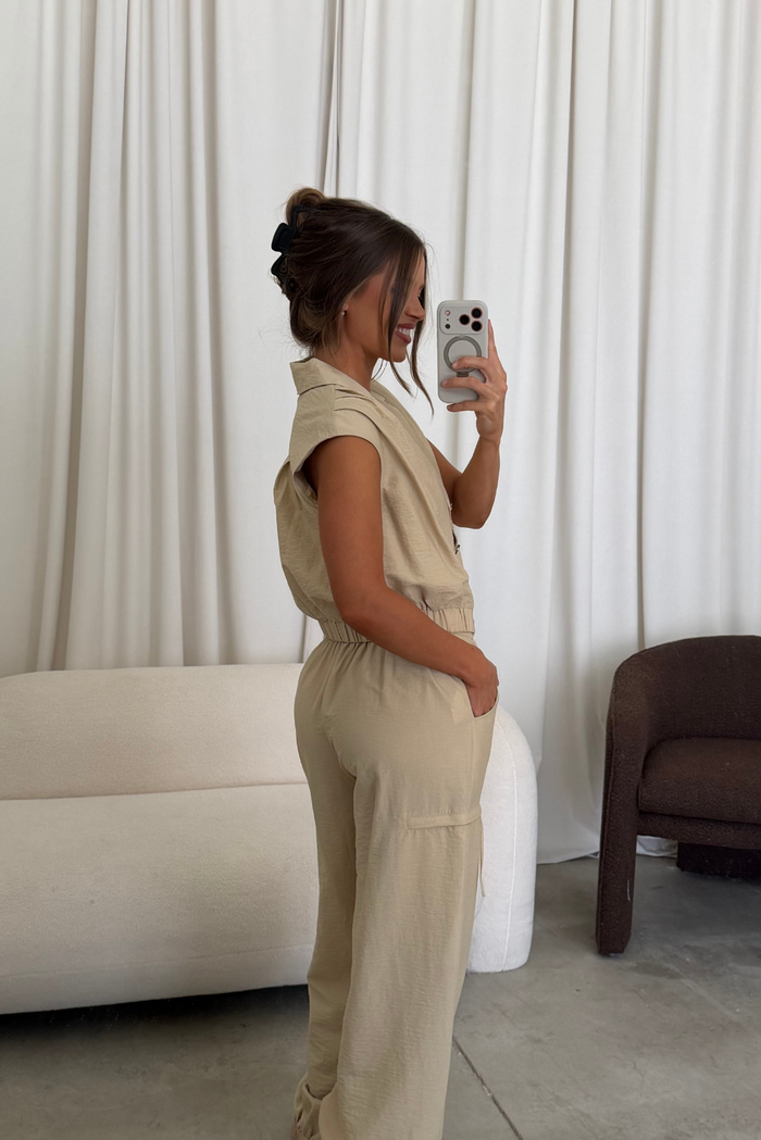 Paulette Sleeveless Crop Tailor Jacket and Cargo Balloon Pants Set in Beige *Final Sale*