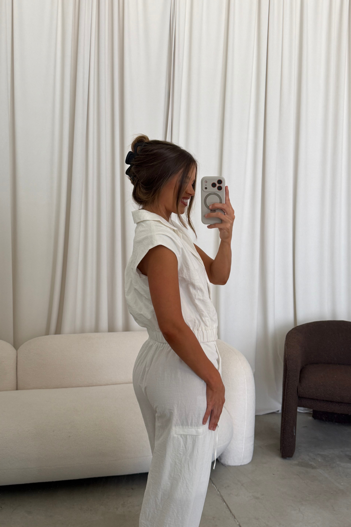Paulette Sleeveless Crop Tailor Jacket and Cargo Balloon Pants Set in White *Final Sale*