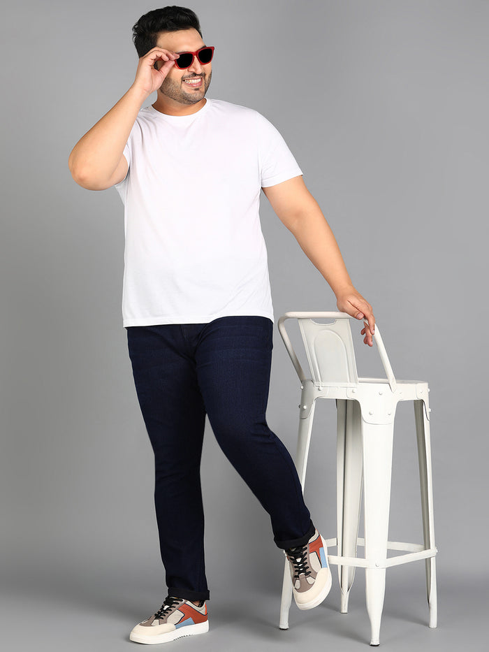 Plus Men's Carbon Blue Regular Fit Washed Jeans Stretchable