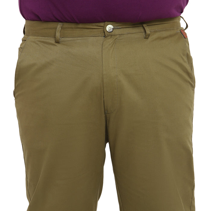 Plus Men's Green Cotton Regular Fit Casual Chinos Trousers