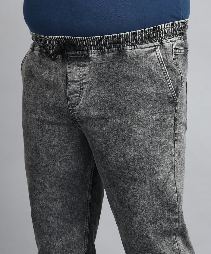 Plus Men's Grey Regular Fit Washed Jogger Jeans Stretchable