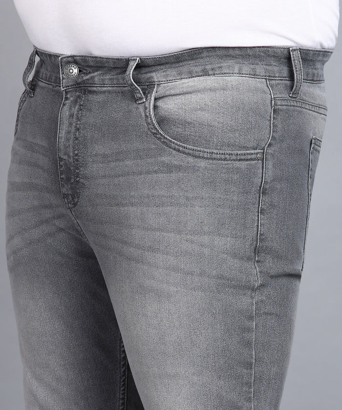 Plus Men's Light Grey Regular Fit Washed Jeans Stretchable