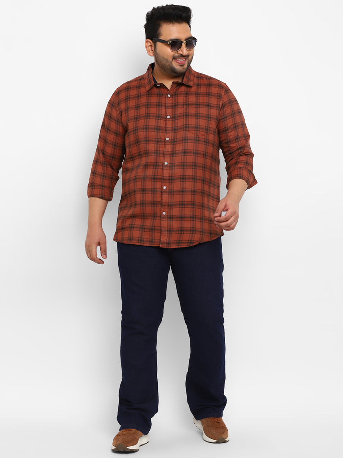 Plus Men's Orange Cotton Full Sleeve Regular Fit Casual Checkered Shirt